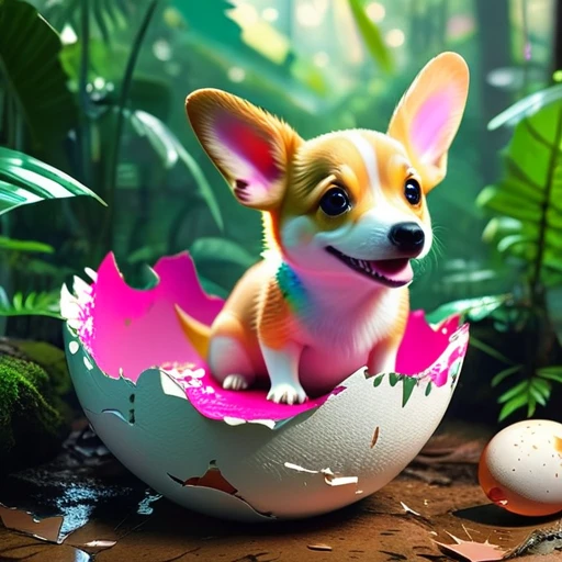 Interesting illustrations：Pink little dinosaur in a broken eggshell，Cute expression，Rainforest，dreamlike，Aesthetic  with   cute corgi