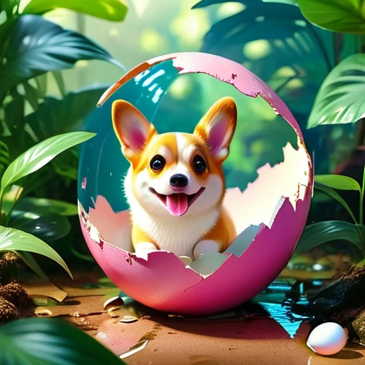 Interesting illustrations:Pink little dinosaur in a broken eggshell,Cute expression,Rainforest,dreamlike,Aesthetic with cute corgi