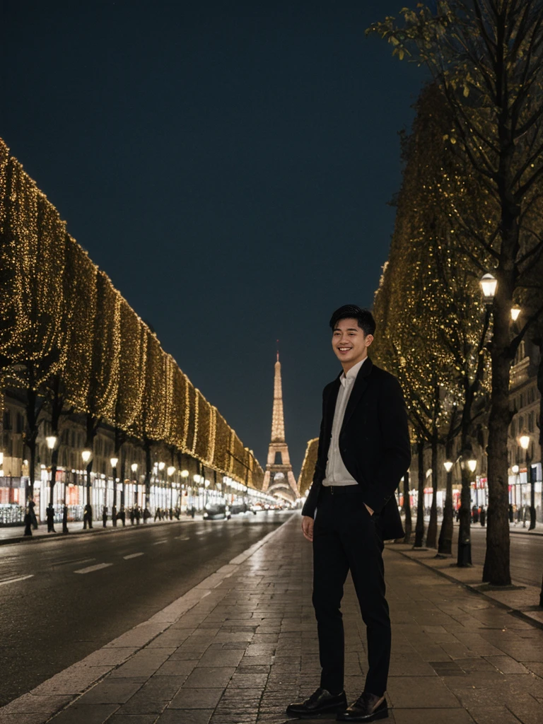 His name is Pat, a model, high quality, 1guy, ((25-year-old fit Asian man, Thai)), ((25 years old)), ((BODY TYPE: MUSCULAR)), ((dark brown COLORED Hair)), smiling, pose: standing, wearing Well-dressed ULTRA MODERN Generation-Z modern wear bright colored, BACKGROUND: "Walking along the illuminated Champs-Élysées with the Arc de Triomphe in the distance and the city lights twinkling." 