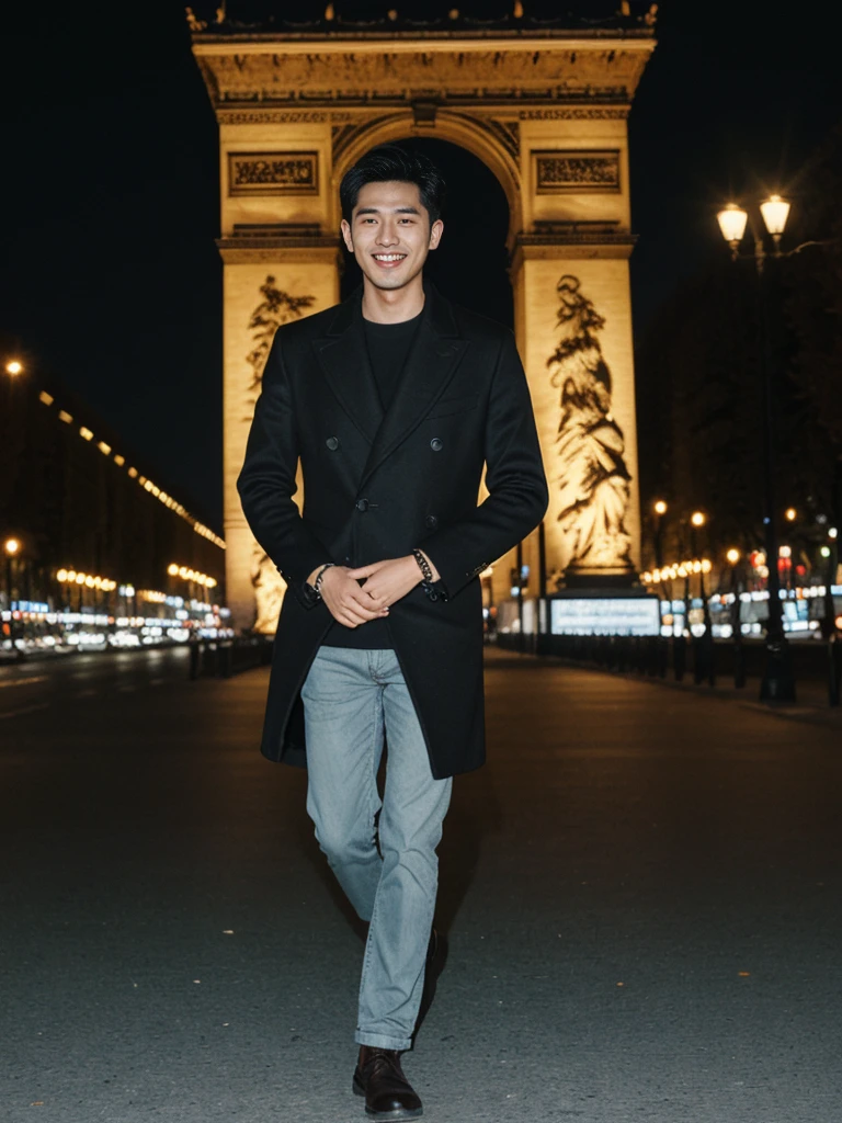 His name is Pat, a model, high quality, 1guy, ((25-year-old fit Asian man, Thai)), ((25 years old)), ((BODY TYPE: MUSCULAR)), ((dark brown COLORED Hair)), smiling, pose: standing, wearing Well-dressed ULTRA MODERN Generation-Z modern wear bright colored, BACKGROUND: "Walking along the illuminated Champs-Élysées with the Arc de Triomphe in the distance and the city lights twinkling." 
