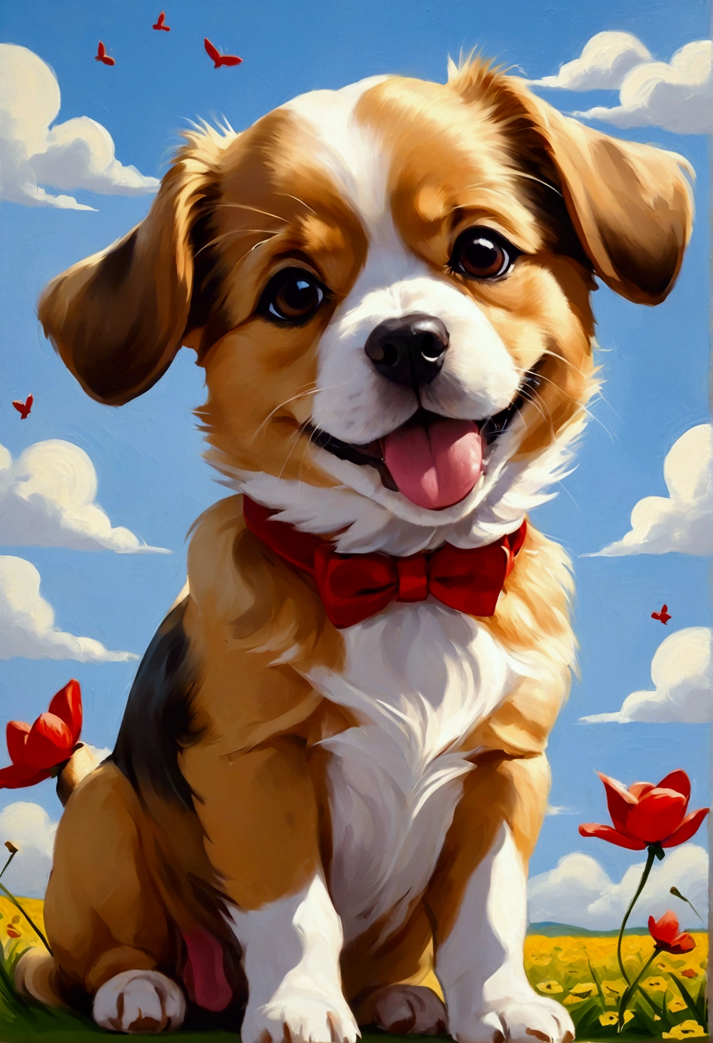 Flying puppies, the tail and walk happily,Dogs appear,4K clarity,Anime Dogs,Painting style heals itself