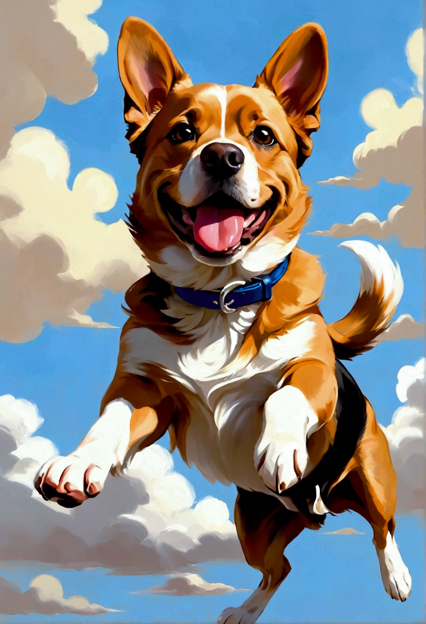 Flying puppies, the tail and walk happily，Dogs appear，4K clarity，Anime Dogs，Painting style heals itself