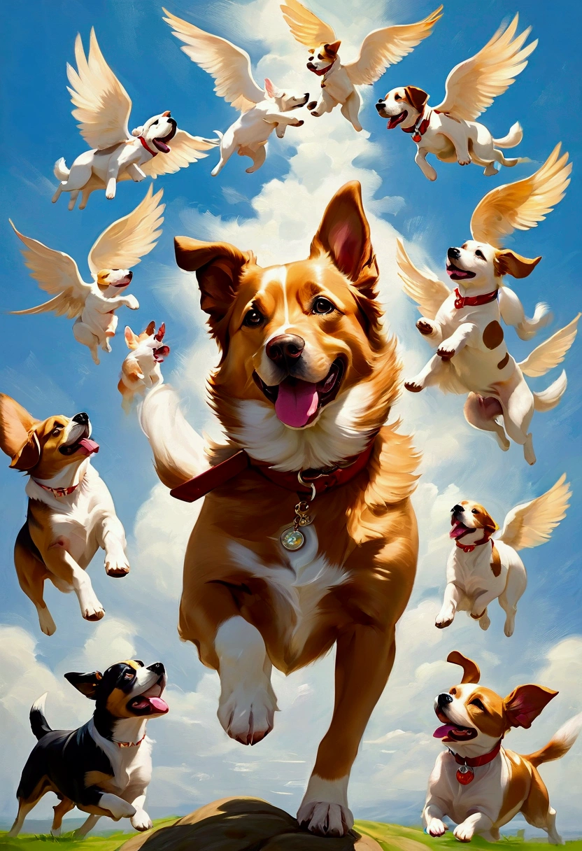 Flying puppies, the tail and walk happily,Dogs appear,4K clarity,Anime Dogs,Painting style heals itself