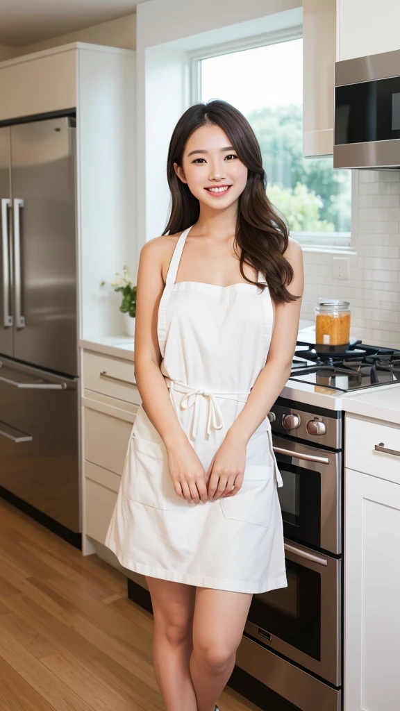 (table top、highest quality、8K、Award-winning work、ultra high resolution)、one beautiful woman、(wearing the most natural and perfect apron:1.1)、(naked apron:1.2)、long hair、(Look at me with your best smile:1.1)、(Show your beautiful teeth and have the best smile:1.1)、perfect beautiful teeth、emphasize body line、(bust up photo:1.1)、(Photo above the waist:1.2)、big breasts、(The most natural and practical kitchen:1.1)、(Perfectly organized and clean kitchen:1.1)、(modern and elegant kitchen:1.1)、(Perfect kitchen with state-of-the-art induction:1.1)、(Beautiful modern kitchen with a unified feel:1.1)、(very bright:1.2)、(very bright and vivid:1.2)、bright、very bright、that&#39;It&#39;s very vivid、the most vivid、High chroma、radiant beautiful skin、A refreshing and beautiful perfect window、ultra high resolutionのperfect beautiful teeth、(Ultra high definition glossy skin:1.1)、(very brightly lit、bright and glowing skin:1.2)、Super high-definition sparkling eyes、(accurate anatomy:1.1)、(the most elegant and perfect posture:1.1)、big breasts