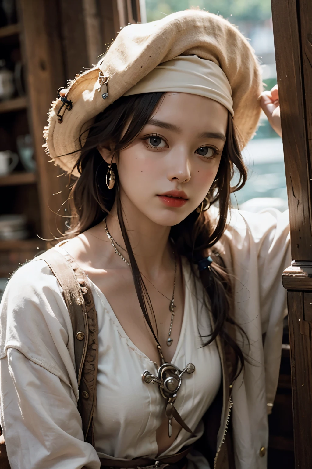 "Jack Sparrow's pirate ship sails ((Space Region)), ((Dynamic and courageous pose)), ((bright cosmic colors)), ((Extraterrestrial treasure)), ((Fascinating planet background)),