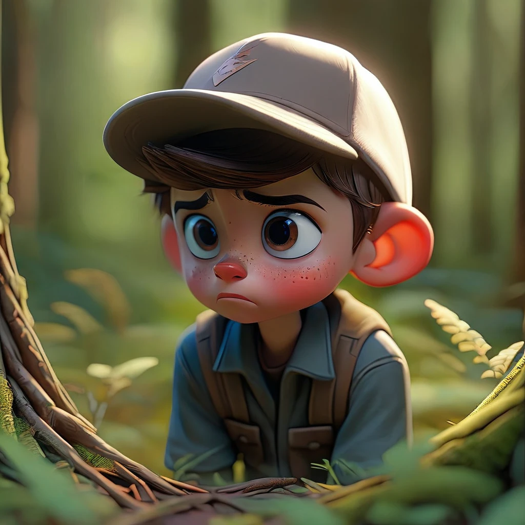 Boy wearing cap, looking at forest curious, seeing a nest on the empty floor (Masterpiece artwork: 2.1) (realisitic: 1.2) (bokeh) (best qualityer) (skin detailed: 1.3) (details Intricate) (8k) (Detail eyes) (sharp focus) 2.1