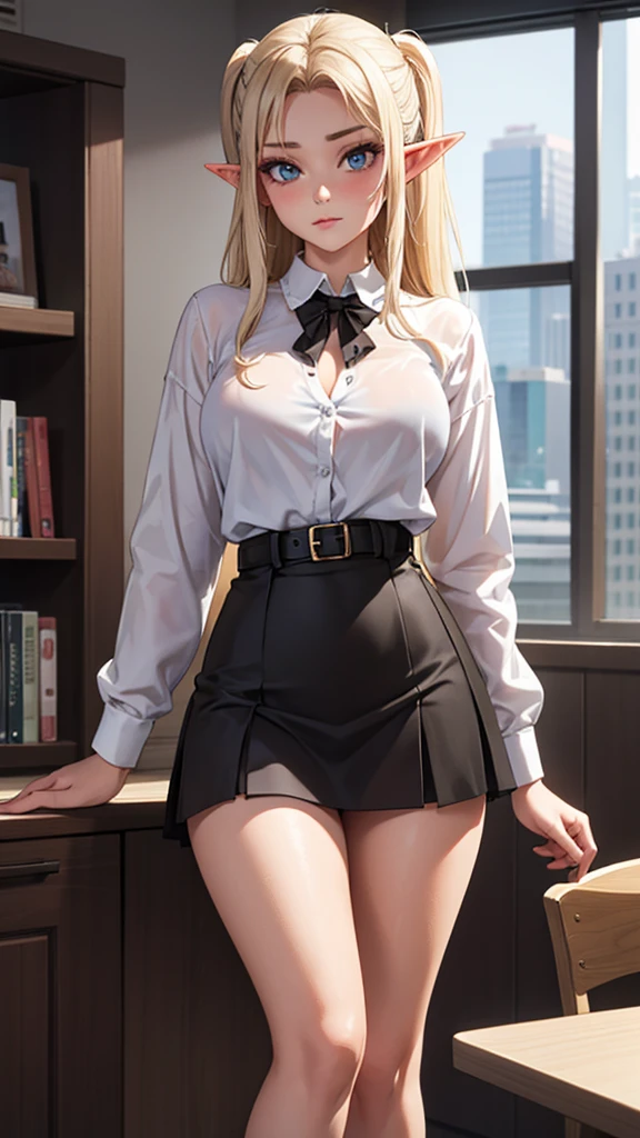 1 Girl，high school girl，((school uniform，Black pleated skirt，pointybreasts，smile，Cowboy Shot，pubic hair，Black Pantyhose，cameltoe，cameltoe))，(from below:1.7，pubic hair)，((Highest quality, wonderful,8K, masterpiece :1.3)), (Realistic, Highly detailed face and eyes，photoRealistic:1.4),(Brown Skin),（very fine and beautiful skin）,blonde,Black gal，,Very detailed,Cinema Lighting, Detailed light, Best Shadow, Dynamic Angle,White elaborate panties,(Super big breasts:1.6), Plump thighs, Skirt flip