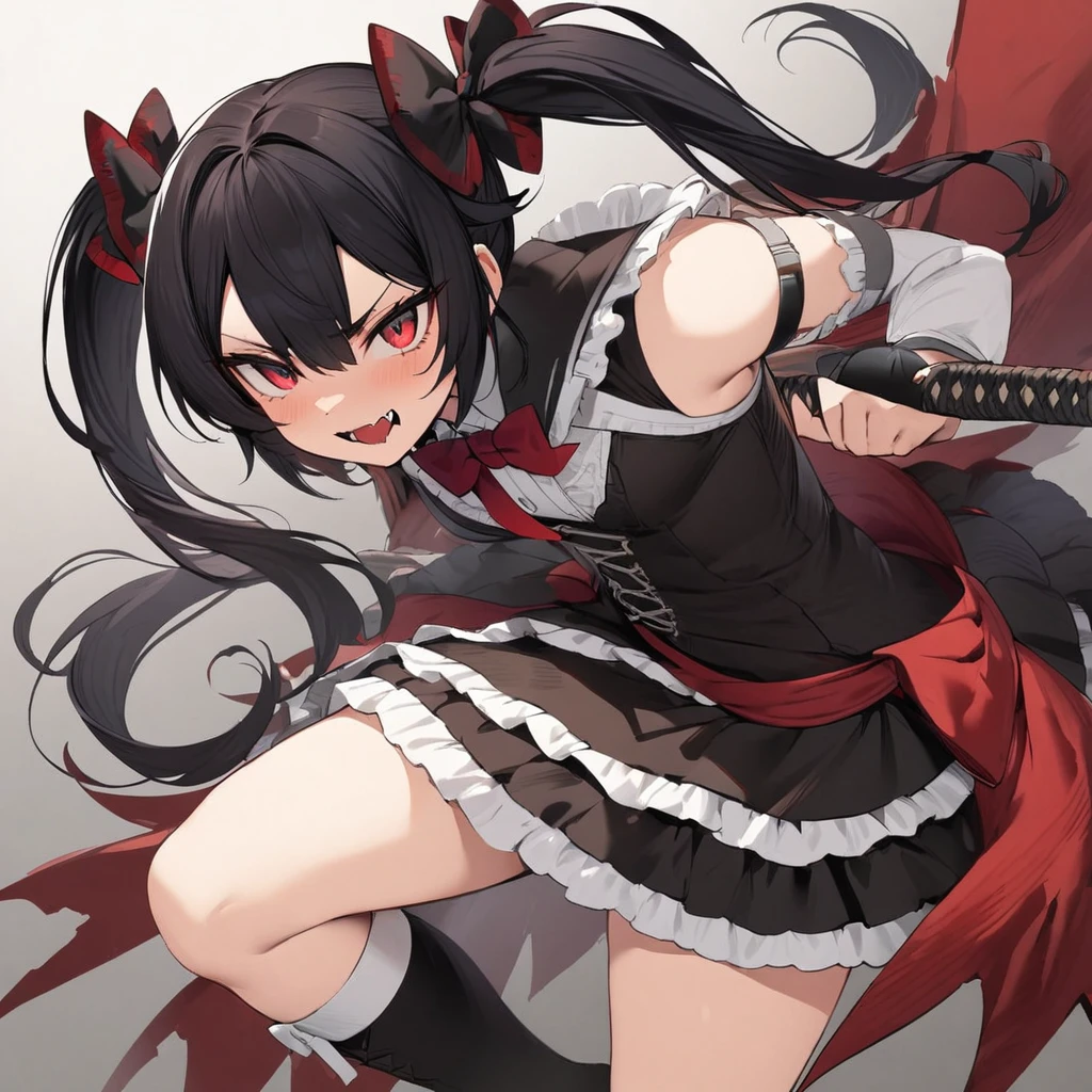 Top quality, masterpiece, high resolution, vampire girl, beautiful black hair, twintails, red eyes, gothic lolita dress, black lace, condescending smile, Sharp fangs,darkness