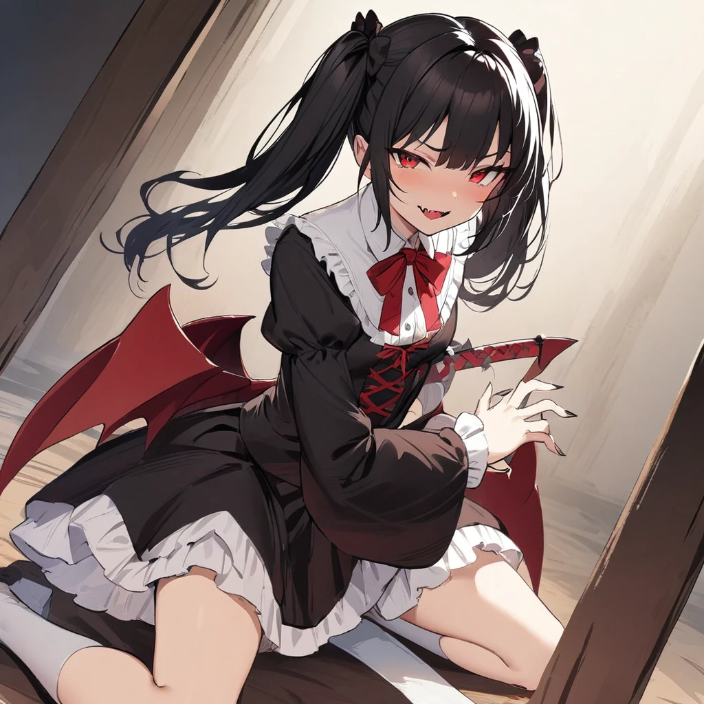 Top quality, masterpiece, high resolution, vampire girl, beautiful black hair, twintails, red eyes, gothic ****ta dress, black lace, condescending smile, Sharp fangs,darkness