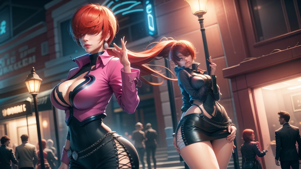 (at night), in a video game scene a background a beautiful city at night raining, alone, alone, standing at attention, pink suit, pink jacket, choker, neckline, cut of clothes, earrings, has long bangs on the hair covering the eyes ((hair over the eyes)), 1 girl, 20 years old, young woman, perfect hands, beautiful fingers, beautiful long legs, beautiful body, beautiful nose, beautiful character design, perfect face, looking at the spectator with serious gesture, is on a phone call with his cell phone in hand (focusing on his face), closed mouth, Light_Smile, official art, extremely detailed CG unity 8k wallpaper, perfect lighting, bright and colorful front lighting, skin glossy (masterpiece: 1.0), (best_quality: 1.0), ultra high resolution, 4K, ultra detailed photography, 8K, HDR, high resolution, nonsense:1.2, Kodak portra 400, film grain, blurred background, bokeh:1.2, lens flare, (vibrant_color:1.2), professional photography, (Beautiful, breasts: 1.4), (beautiful_face: 1.5), (narrow waist),