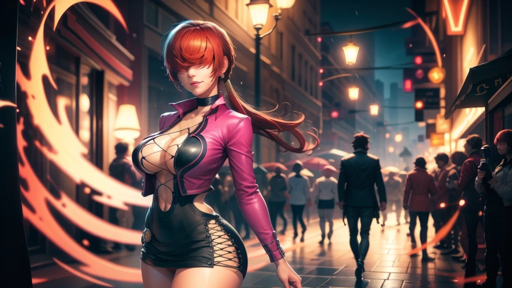 (at night), in a video game scene a background a beautiful city at night raining, alone, alone, standing at attention, pink suit, pink jacket, choker, neckline, cut of clothes, earrings, has long bangs on the hair covering the eyes ((hair over the eyes)), 1 girl, 20 years old, young woman, perfect hands, beautiful fingers, beautiful long legs, beautiful body, beautiful nose, beautiful character design, perfect face, looking at the spectator with serious gesture, is on a phone call with his cell phone in hand (focusing on his face), closed mouth, Light_Smile, official art, extremely detailed CG unity 8k wallpaper, perfect lighting, bright and colorful front lighting, skin glossy (masterpiece: 1.0), (best_quality: 1.0), ultra high resolution, 4K, ultra detailed photography, 8K, HDR, high resolution, nonsense:1.2, Kodak portra 400, film grain, blurred background, bokeh:1.2, lens flare, (vibrant_color:1.2), professional photography, (Beautiful, : 1.4), (beautiful_face: 1.5), (narrow waist),