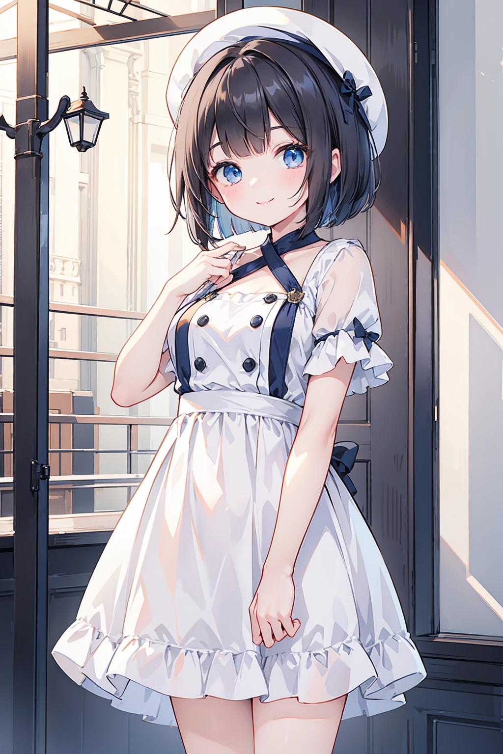Photorealistic、Highest quality、Highest Resolution、Highest quality、８Ｋ、One beautiful woman、cute、Bob cut hair、Dark Hair Color、Pale blue eyes、Beautiful breasts、Casual clothing、hat、depart、looks fun、Frolic with a smile、
