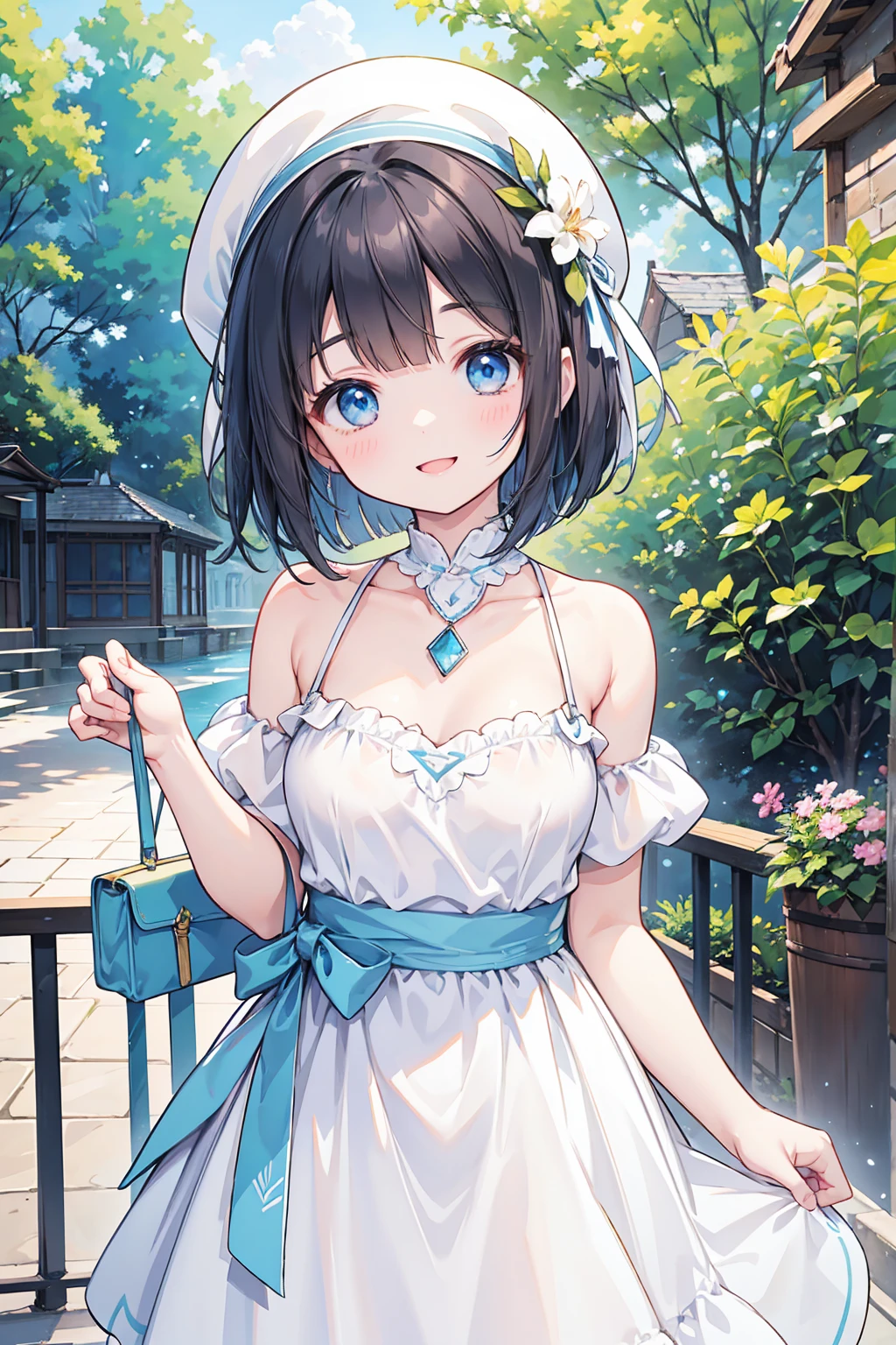 Photorealistic、Highest quality、Highest Resolution、Highest quality、８Ｋ、One beautiful woman、cute、Bob cut hair、Dark Hair Color、Pale blue eyes、Beautiful breasts、Casual clothing、hat、depart、looks fun、Frolic with a smile、