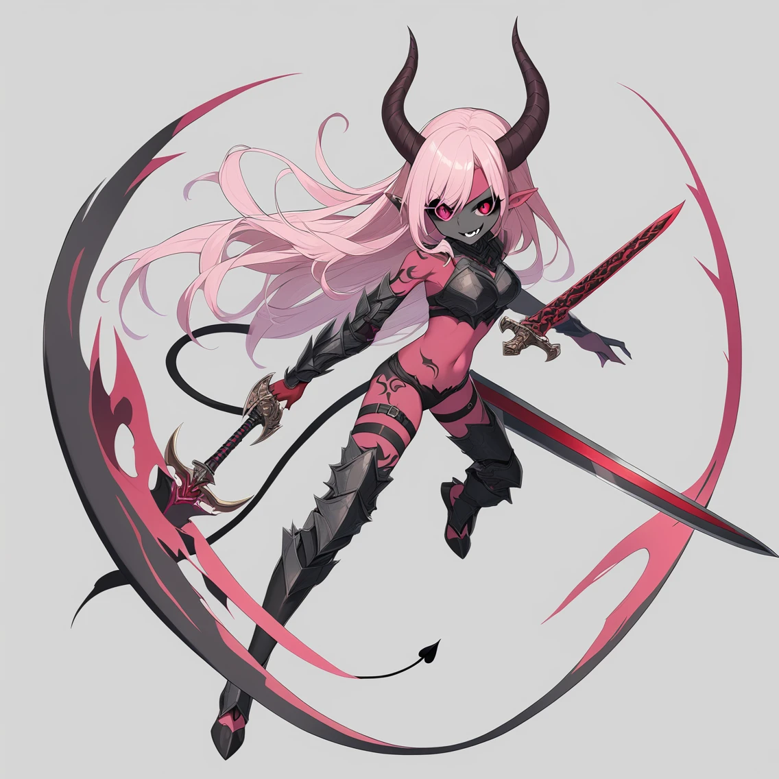 1girl,tachi-e,floating weapon,dynamic pose,evil smile, solo, long hair, smile, open mouth, simple background, navel, holding, tail, full body, weapon, pink hair, horns, pointy ears, sword, pink eyes, grey background, holding weapon, armor, tattoo, thigh strap, colored skin, holding sword, demon girl, knife, demon horns, demon tail, colored sclera, dual wielding, black sclera, dagger, red skin, pink skin, holding dagger,GameWeapon