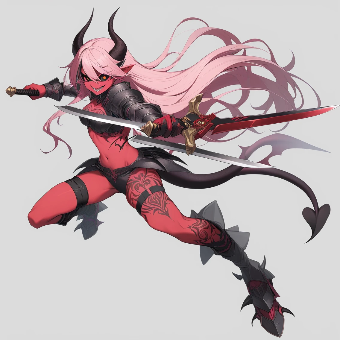 1girl,tachi-e,floating weapon,dynamic pose,evil smile, solo, long hair, smile, open mouth, simple background, navel, holding, tail, full body, weapon, pink hair, horns, pointy ears, sword, pink eyes, grey background, holding weapon, armor, tattoo, thigh strap, colored skin, holding sword, demon girl, knife, demon horns, demon tail, colored sclera, dual wielding, black sclera, dagger, red skin, pink skin, holding dagger,GameWeapon