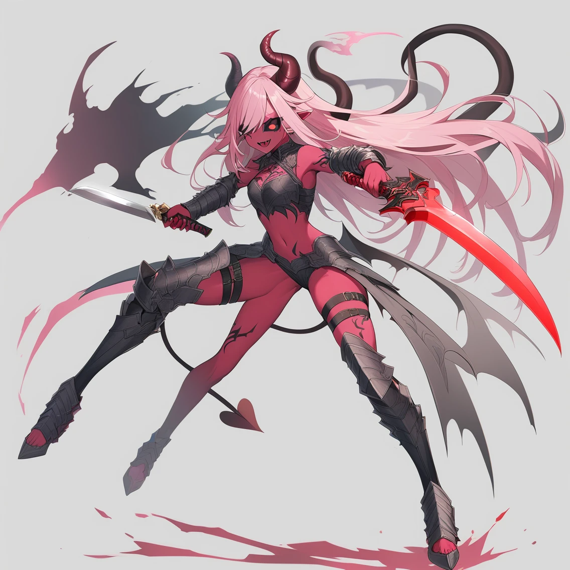 1girl,tachi-e,floating weapon,dynamic pose,evil smile, solo, long hair, smile, open mouth, simple background, navel, holding, tail, full body, weapon, pink hair, horns, pointy ears, sword, pink eyes, grey background, holding weapon, armor, tattoo, thigh strap, colored skin, holding sword, demon girl, knife, demon horns, demon tail, colored sclera, dual wielding, black sclera, dagger, red skin, pink skin, holding dagger,GameWeapon