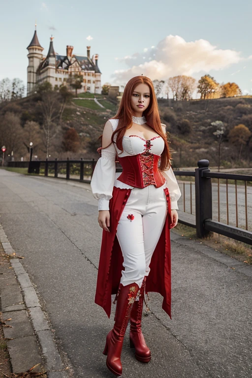 Create a realistic full-length photo of a chubby white woman, redhead and straight hair with crown, with sleeved blouse and corset pants in red with a jacket with a heart print and long boots inspired by the Queen of Hearts with a red castle in the background.