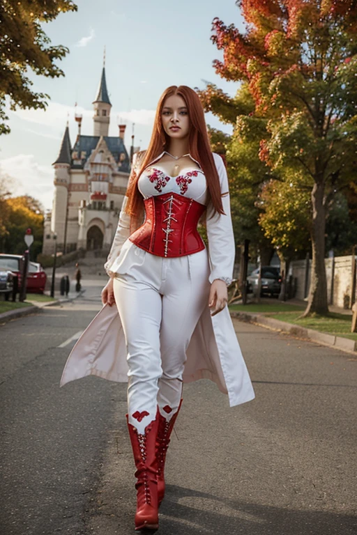 Create a realistic full-length photo of a chubby white woman, redhead and straight hair with crown, with sleeved blouse and corset pants in red with a jacket with a heart print and long boots inspired by the Queen of Hearts with a red castle in the background.