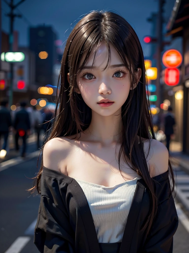 1girl, Tokyo street,night, cityscape,city lights, upper body,close-up, 8k, RAW photo, best quality, masterpiece,realistic, photo-realistic, Bule eye:1.2, parted bangs, long hair,front cover,