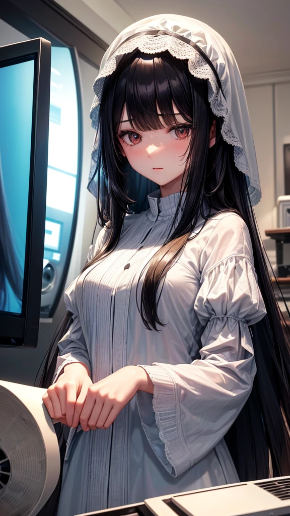 (masterpiece, highest quality, ultra high res, ultra detailed:1.3), 1 girl, slender body, (black hair:1,4), very long straight hair, white simple dress, (bangs covered her face, bangs covered her both eyes:1.4), closed eyes, (crawling out from the TV screen, The lower half of her body is buried in the TV screen:1.4), looking down that viewer can not see her face, 