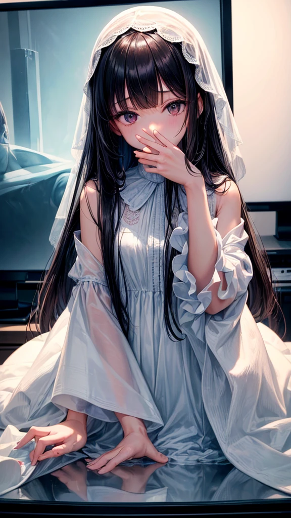 (masterpiece, highest quality, ultra high res, ultra detailed:1.3), 1 girl, slender body, (black hair:1,4), very long straight hair, white simple dress, (bangs covered her face, bangs covered her both eyes:1.4), closed eyes, (crawling out from the TV screen, The lower half of her body is buried in the TV screen:1.4), looking down that viewer can not see her face, 