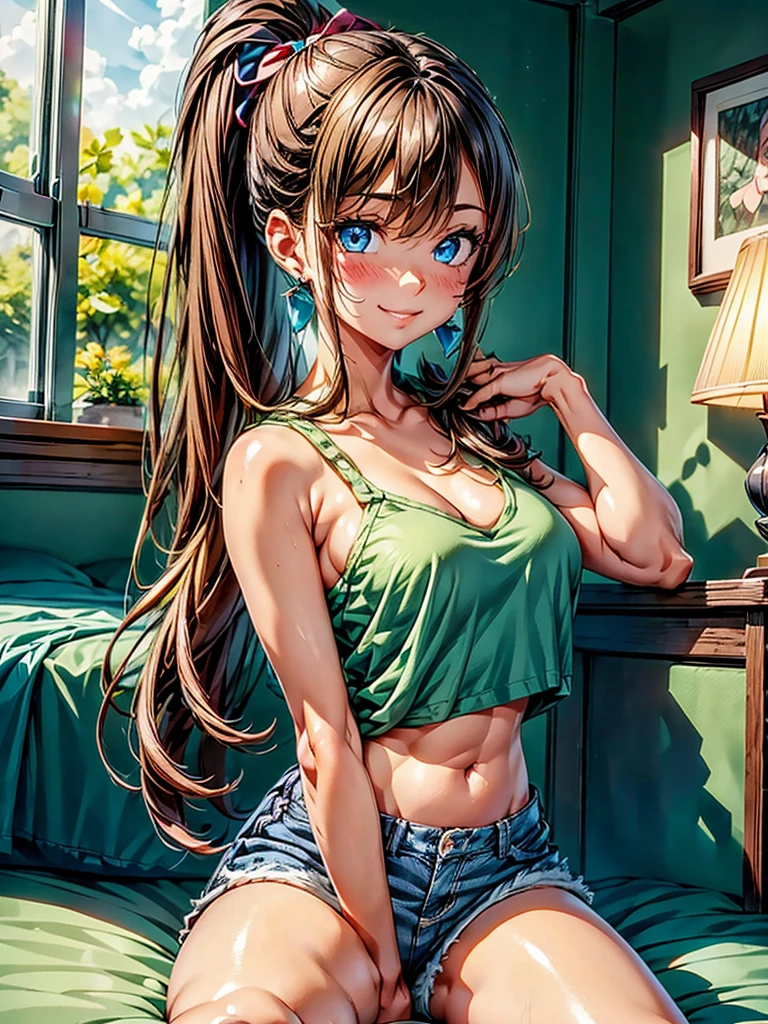 1girl, solo, beautiful girl, brunette skin, blue eyes, detailed anime style, perfect anatomy, perfect hands, narrow waist, medium breasts, long hair, brown hair, high ponytail, asymmetrical bangs, blue eyes, detailed eyes, blush, emerald earrings, pink shirt, shirt lift, denim shorts, cleavage, navel, midriff, bare arms, bare shoulders, smile, sitting, perfect hands, arm up, indoors, bed, bedroom, night, dim light, window, stuffed animals, underboobs, high quality, high resolution, from side, dark background, lights off,