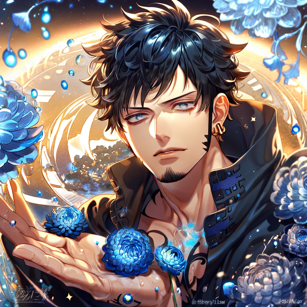 absurdres, highres, ultra detailed, HDR, master piece, best quality, extremely detailed, Trafalgar Law, black hair, stubble, expressive gray eyes, One Piece, solo, sexy man, handsome, sensual, black coat, fantasy, water, sparkling, blue glittering fireflies, blue moon, blue blossoms, blue chrysanthemums, blue sparkling lights, starry sky, magical