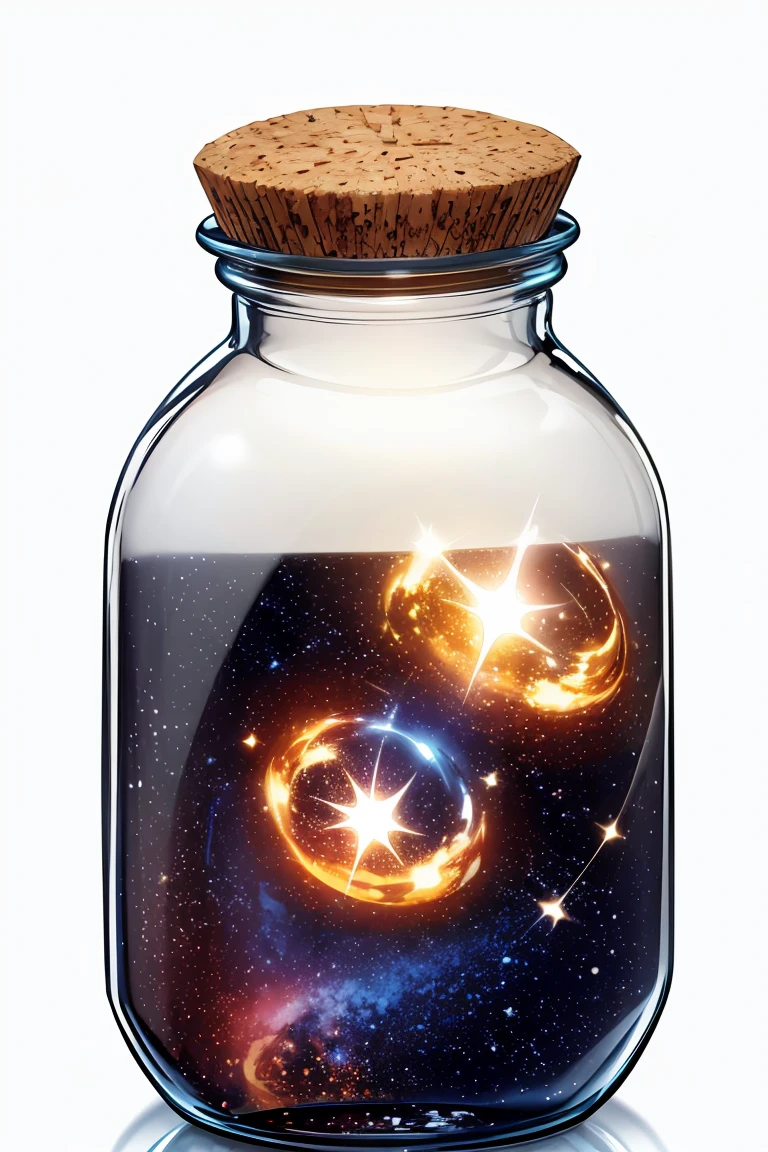 beautiful painting of various galaxies and stars in glass jar, with cork lid,(((white background))).