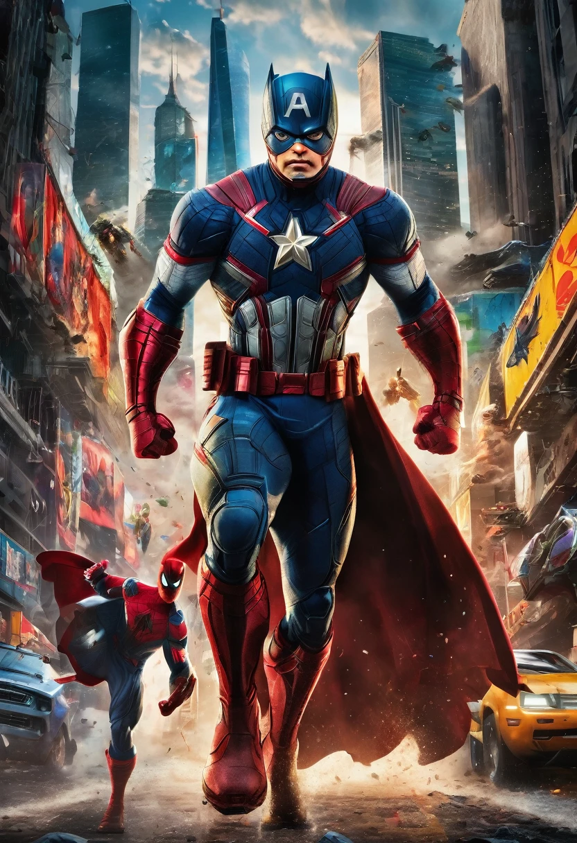 A breathtaking, high-resolution DSLR portrait in avant-garde style, showcasing a captivating split-scene. On one side, the iconic Marvel characters, poised and ready, exude a sense of power and determination, their muscles tensed and eyes focused. On the other side, the DC Universe's main characters stand equally resolute, radiating an air of mystery and intrigue, their expressions intense and enigmatic. The live-action, 8K detailed, ultra-realistic imagery immerses viewers in a cinematic, realistic setting, as if on the brink of an epic confrontation, with the characters' dynamic poses and vivid emotions heightening the tension and anticipation.