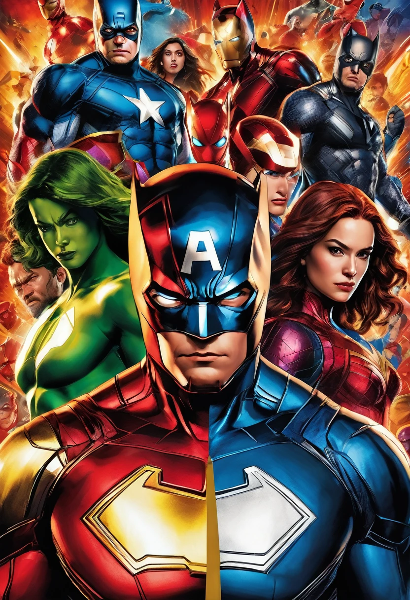 A breathtaking, high-resolution DSLR portrait in avant-garde style, showcasing a captivating split-scene. On one side, the iconic Marvel characters, poised and ready, exude a sense of power and determination, their muscles tensed and eyes focused. On the other side, the DC Universe's main characters stand equally resolute, radiating an air of mystery and intrigue, their expressions intense and enigmatic. The live-action, 8K detailed, ultra-realistic imagery immerses viewers in a cinematic, realistic setting, as if on the brink of an epic confrontation, with the characters' dynamic poses and vivid emotions heightening the tension and anticipation.