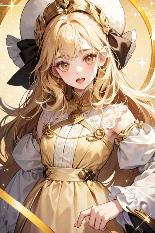 A pale yellow GIRL bear Num with brown eyes and a wide opened mouth. She has gold cream all over the top of her head. She also has one eye smaller than the other SPARKLE; GLITTER