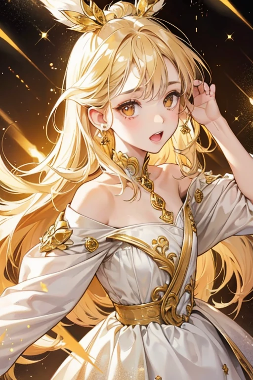 A pale yellow GIRL bear Num with brown eyes and a wide opened mouth. She has gold cream all over the top of her head. She also has one eye smaller than the other SPARKLE; GLITTER