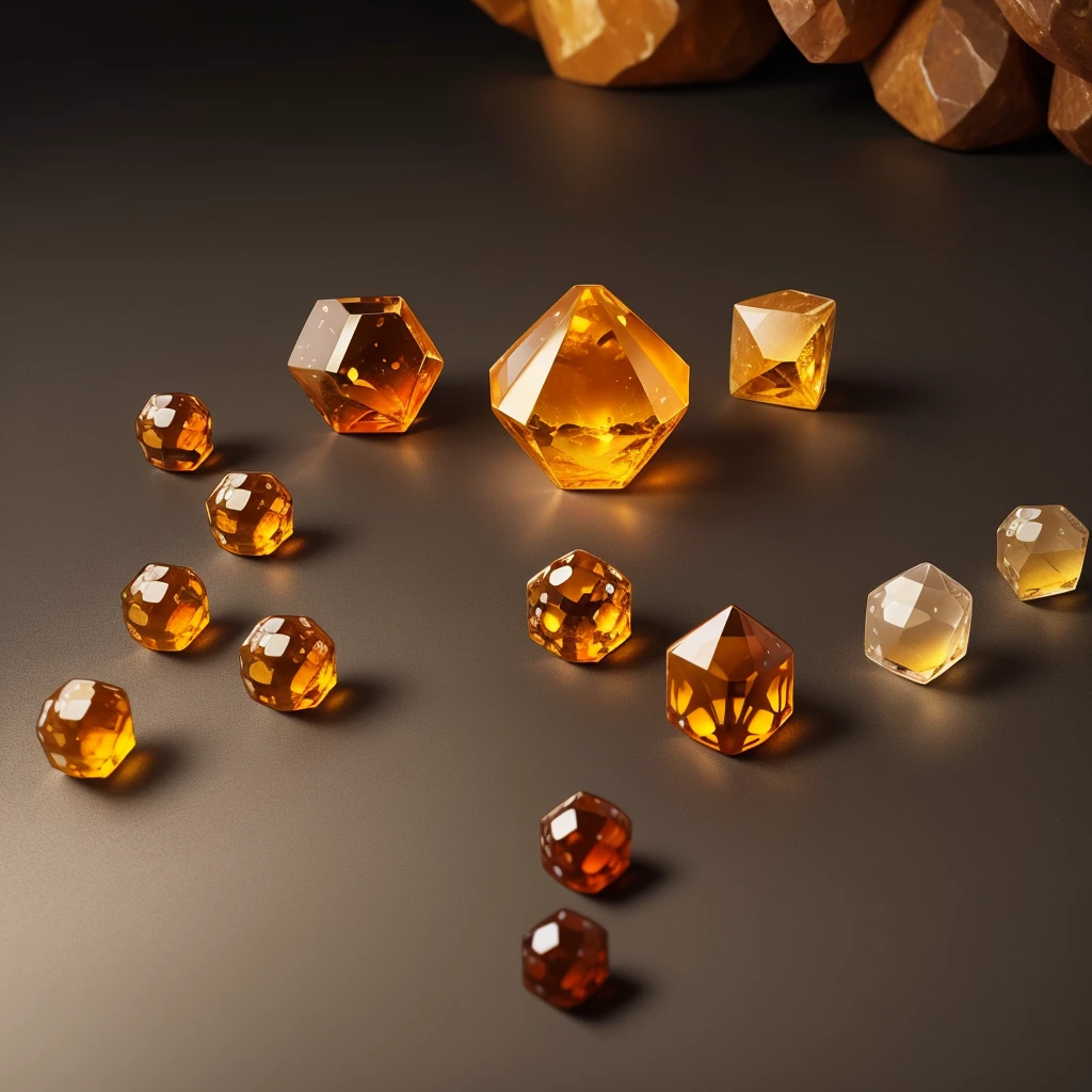 Create an image of a hexagonal amber stone. The stone should have a warm, golden-orange hue with a translucent quality that allows light to pass through, highlighting its natural clarity and depth. The hexagonal shape should be distinct, with well-defined edges and faces. The surface of the amber should feature subtle natural inclusions and patterns that give it a unique, organic look. Place the stone against a dark or neutral background to enhance its glowing and luminous appearance, emphasizing its rich color and texture