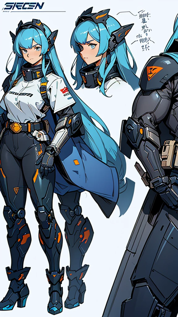 Close-up of a plump girl in a mechanical bodysuit, ((character concept art)), ((Character design sheet, same character, on front, from on the side, At the back)) Character image, mecha game character design, Mecha game character design, long hair, hair color: Blondie with blue bangs, Age: , eyecolor: black, She wears gloves on her hands, Wears mecha boots. During the use of certain abilities, A soft helmet is formed on the head of  nano parts. She has a code name around her neck, expert high detail concept art, Concept art of a mecha armored girl, Fun character design. ConceptArt, belt buckle at the waist,Mecha style weapons,A