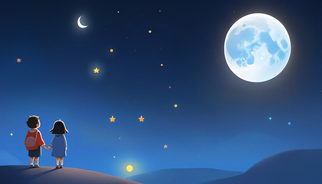 full moon with star in night sky, no human, NO HUMAN, WITHOUT HUMAN, 2 d gouache illustration, 2 d illustration, 2d illustration, official art, colorful kids book illustration, kids book illustration, inspired by Goro Fujita, promotional art, illustration for children, by Choi Buk, by Murakami, 2d digital illustration