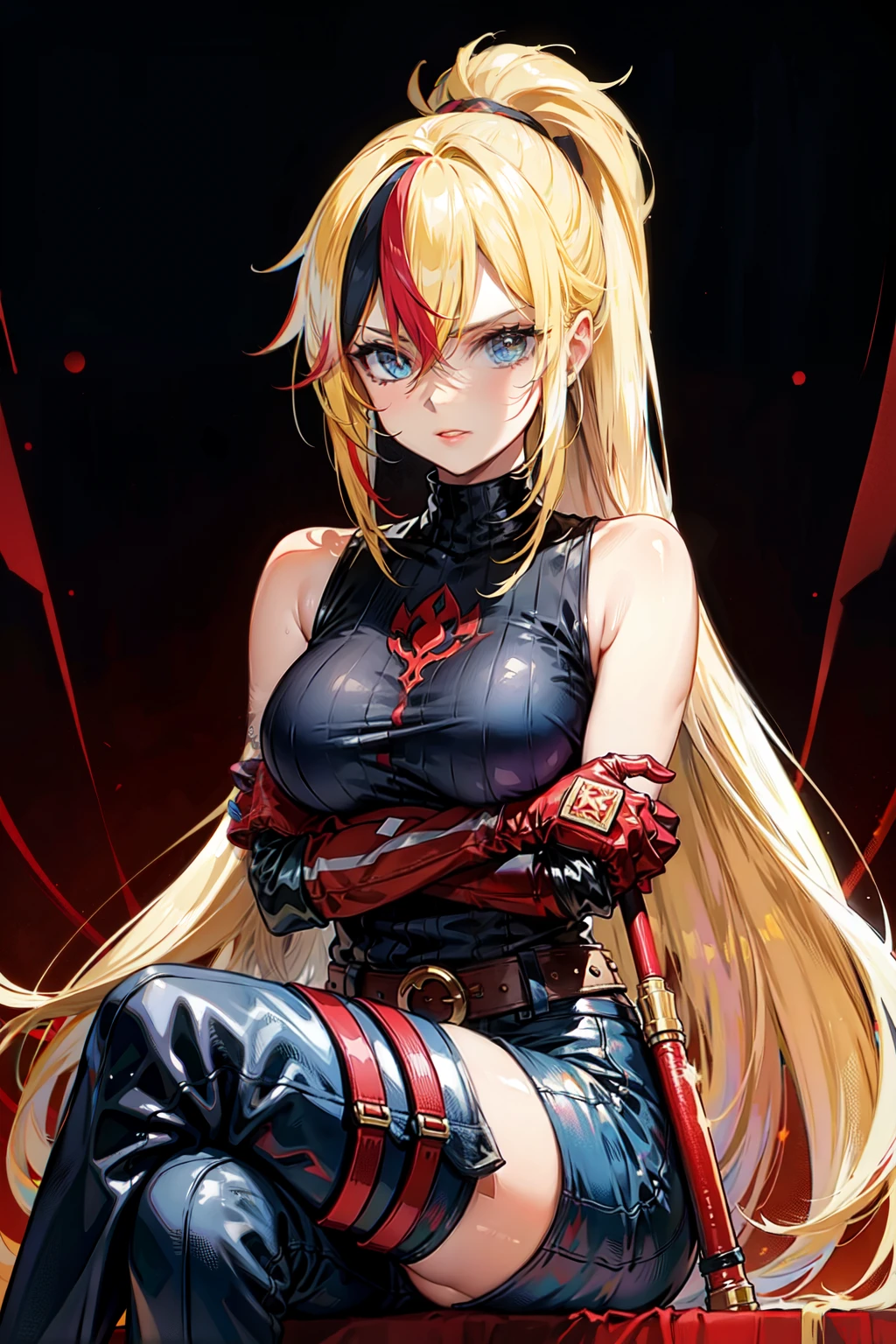 (masterpiece, best quality:1.2), red glowing eyes, red eyes, the eyes are red, perfect face, strong make up, highres, 1 girl, ultra long ponytail, (female:1.5), strife, blonde hair streaked with lots of red highlights, two colors hair (blond and red), hight flame mistress outfit, shoulder armor, sleeveless turtleneck, suspenders, belt, gloves, bracer pre potent smile, crossing legs, crossing arms , evil smile, evil pose, sitting, portrait, looking at viewer, Her hair is streaked with lots red and blonde highlights, moon tribal tattoo.