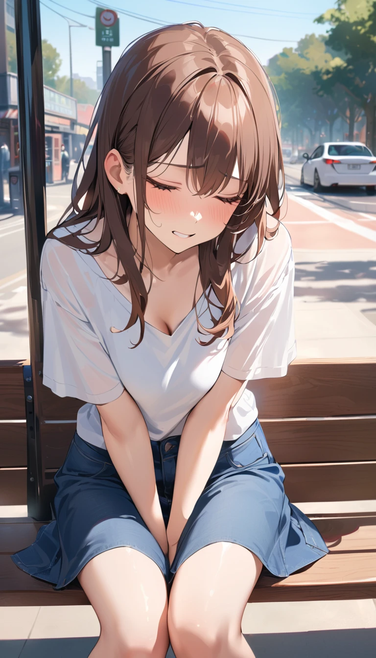 super detail, best quality, a woman, Brown Hair,semi-long,((Slender)),White blouse,blue denim,Painful expression,bus stop,Sitting on a bench