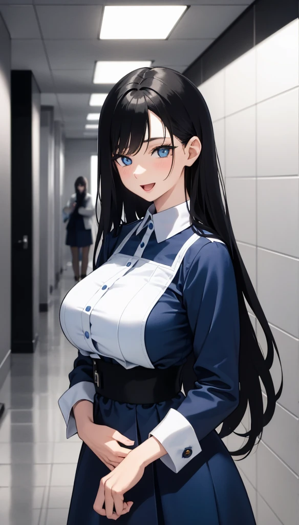 (masterpiece), (best quality), (ultra-detailed), ((girl, 29 years old)), an extremely delicate and beautiful, detailed eyes, minute details, (black hair, long hair, straight hair, hair between eyes), ((big breasts)), smile, open mouth, ((beautiful eyes)), (blue eyes), (upper body), she is wearing a blue dress, (detailed clothes), (detailed background, in a hospital, hospital hallway), (monochrome)