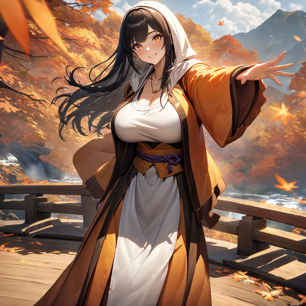 A woman wearing an orange monk uniform with long sleeves, a long dress,Japanese style necklace around the neck, on a Japanese aesthetic bridge, autumn trees, orange leaves,white hood in hair, big breasts,several orange leaves falling, orange aura, orange energy, very detailed, perfect eyes, perfect smile, perfect lips, black hair, straight hair, smiling, orange eyes, place of day, on a high point of the mountain, standing upright., UHD , prime work , accurate , anatomically correct , textured skin , super details , high quality , best quality, 8k, high resolution, bokeh effect. (woman solo), close view
