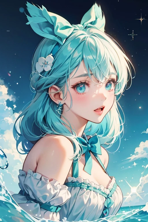 A mint-blue GIRL bear with white syrup swirled on the top of her head. She has a brown bow on her left ear. She has a wide opened mouth, brown nose, and eyes. SPARKLE; GLITTER