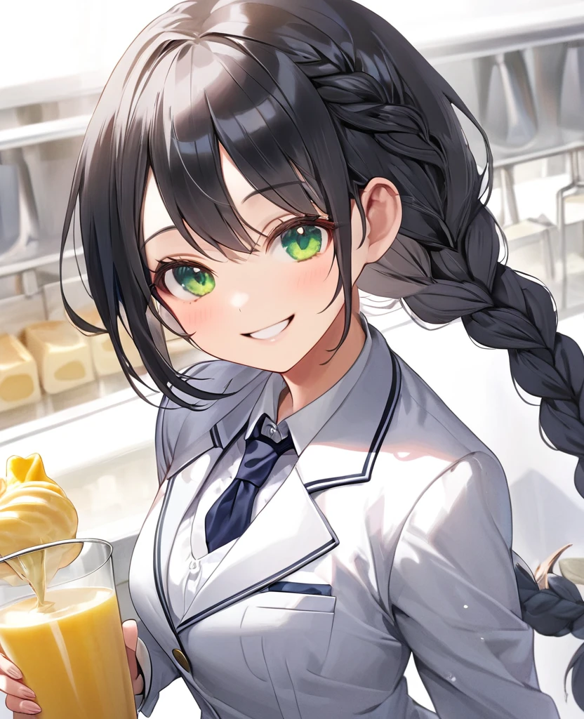 One Girl, (masterpiece), Highest quality, Black Hair, Bob, Braided half-up, Green Eyes, smile, (low length), (Young), Small breasts, (Dairy-free), Navy and white blazer, uniform, High resolution