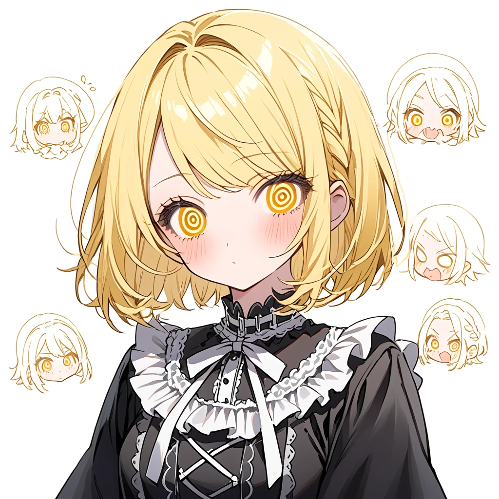 soft line,((Kagamine Rin))（short hair, yellow hair,girl, white ribbon, yellow eyes,@_@ eyes）,yamikawa,Gothic Lolita,White background,whole body