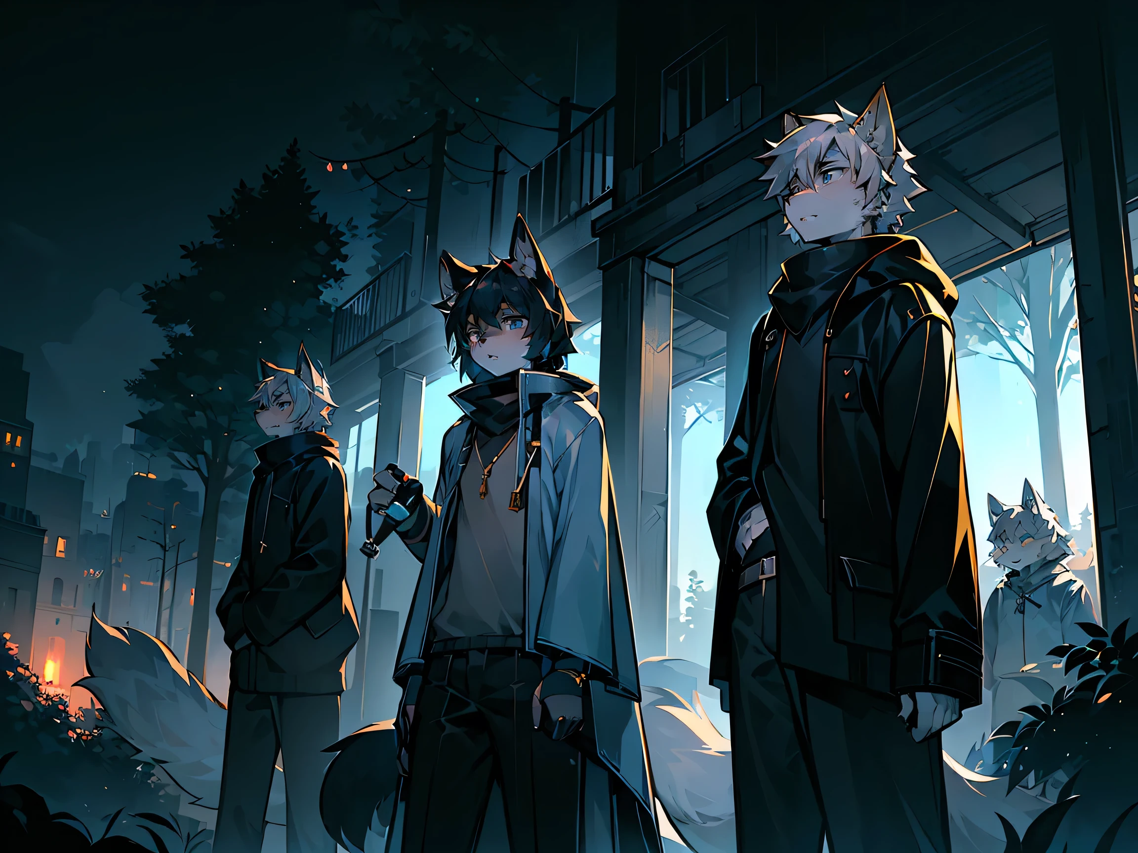 All staff side，walk，Anime style，Dark scene，Large background light source，five characters，The first one：hairy，16 years old，Young Style，Handsome，Bright Eyes，Male wolf，Dark blue hair，White hair on the face，Blue Eyes ，Yellow ear hair，Yellow hair around eyes，Tail blue and white，Gray blue coat，Casual shorts，With a hood，Height 1.6 meters，Calm。The second：hairy，15 years old，Bright Eyes，Lovely，Male cats，White eyes，Blonde hair，White hair on face，Yellow and white tail，Grey short-sleeved shorts，casual-style，Height 1.6 meters，Wearing a cape，optimistic。The third：Furry Anthropomorphic，Deep eyes，16 years old，Handsome，Male wolf，Gray-black hair，Big gray tail，Wrapped in a black scarf，Wearing a grey coat，Hands in pockets，trousers，Height 1.7 meters，mysterious，Calm。The fourth：Furry Anthropomorphic，Bright Eyes，15 years old，Lovely，Male cats，White hair all over，White eyes，Height 1.6 meters，There are several black tree-like lines on the face，Blue windbreaker and shorts，The tail is slightly pale white，Calm。Fifth：Male yellowish white fur, 17 years old，blue eyes, White hair (long), Wearing blue shorts and boxer shorts, Casual Clothing, Young Style, Height 1.7 meters, Handsome, Has a tail，Bright Eyes。