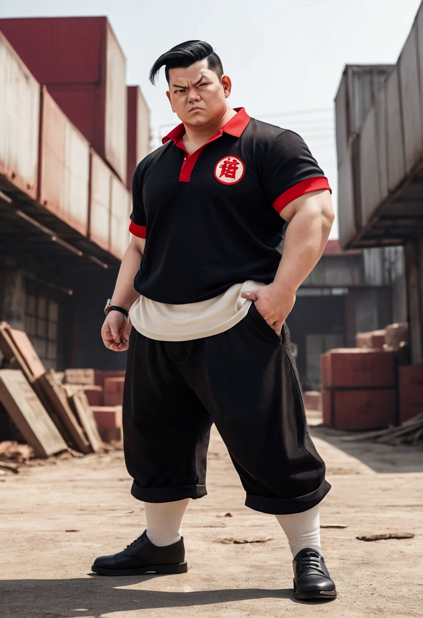 Cartoon man character in DRAGON BALL style, black short hair, fatter, offwhite, with factory background , in BLACK polo t-shirt with RED and WHITE details, with a tone of satire fighting position