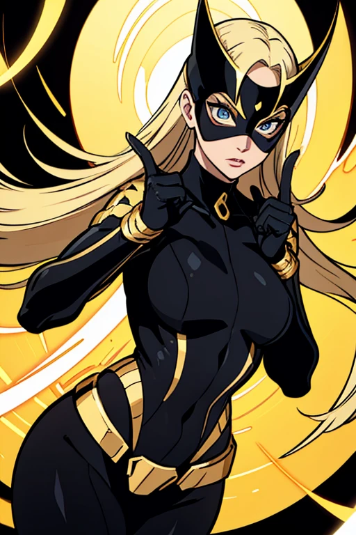 A blonde supehero woman with a black and gold supersuit she is wearing golden rings in all of her fingers and she wears a mask.