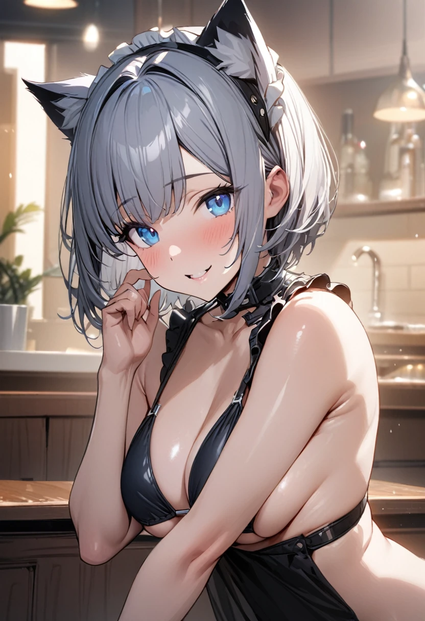 1girl、(((best quality)), ((masterpiece)), (details), masterpiece, best quality, high quality, ulutra detailed, perfect face, ((1girl, Blue eyes, cat ears: 1.3 silver bob hair: 2.5,))、Shiny Hair、Glowing Skin、Happy face、Lustful look、Maid-style bikini、Sideboob、Underboob、Making a Heart with Fingers