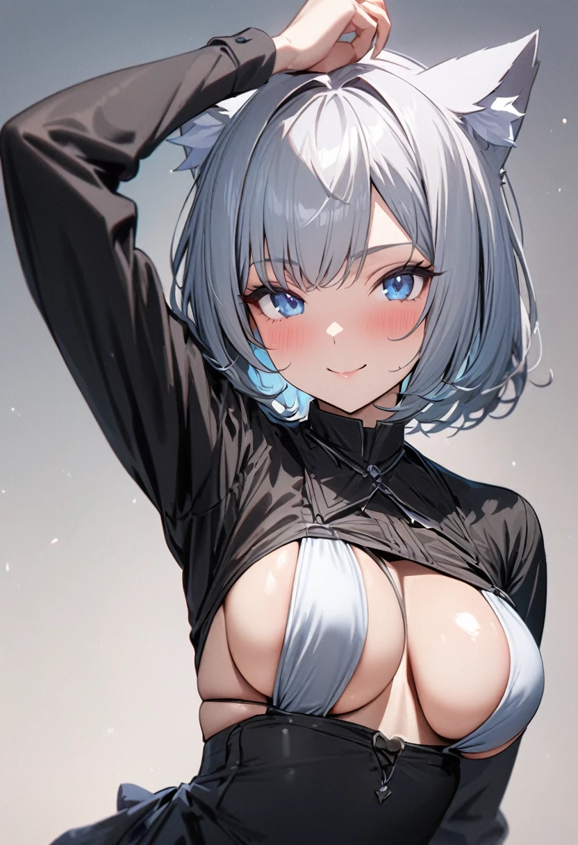 1girl、(((best quality)), ((masterpiece)), (details), masterpiece, best quality, high quality, ulutra detailed, perfect face, ((1girl, Blue eyes, cat ears: 1.3 silver bob hair: 2.5,))、Shiny Hair、Glowing Skin、Happy face、Lustful look、Maid-style bikini、Sideboob、Underboob、Making a Heart with Fingers