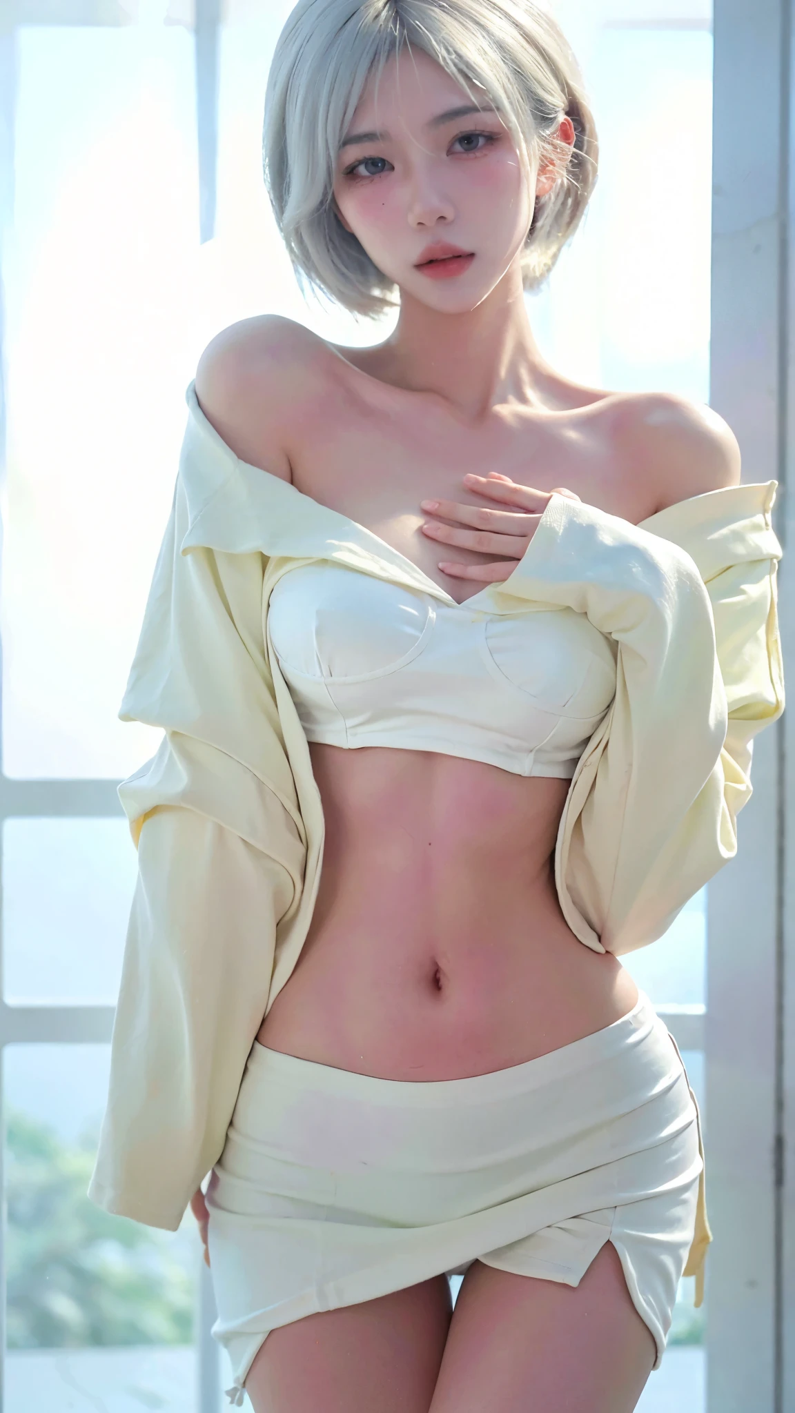 Beautiful woman with perfect figure:1.4，Ultra-high resolution，White background，（lifelike：1.4），Layered Hairstyle，White skin，Bikini:1.5，Super short pleated skirt，whole body，Very delicate face and skin texture，Double eyelids，Skin Whitening，short hair，White hair