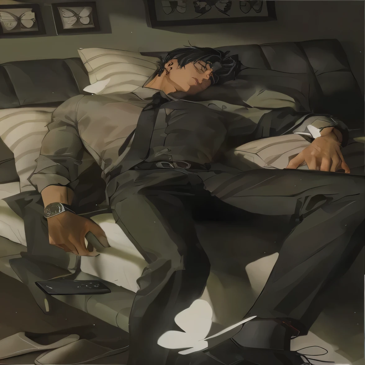 anime man lying on a bed with a remote control in his hand, relax after a hard day, highly detailed exquisite fanart, handsome anime pose, KenTaro Miura art, resting, resting after a hard fight, shigenori soejima illustration, relaxed pose, High quality fanart, on pixiv, detailed fanart, he is very relaxed