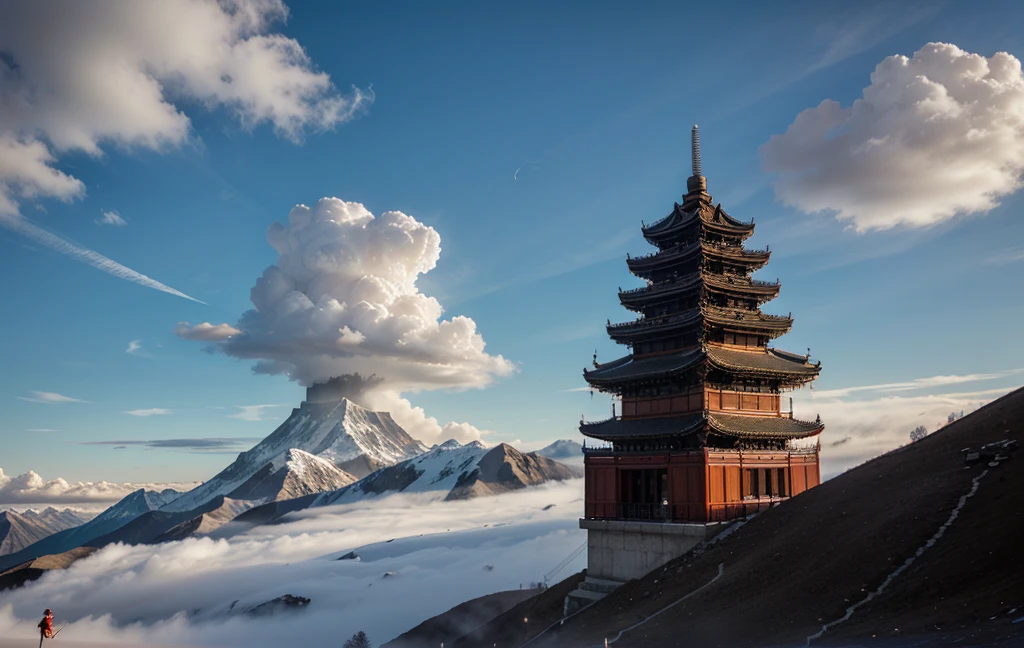 Mountain, cloud, Chinese architecture, crane